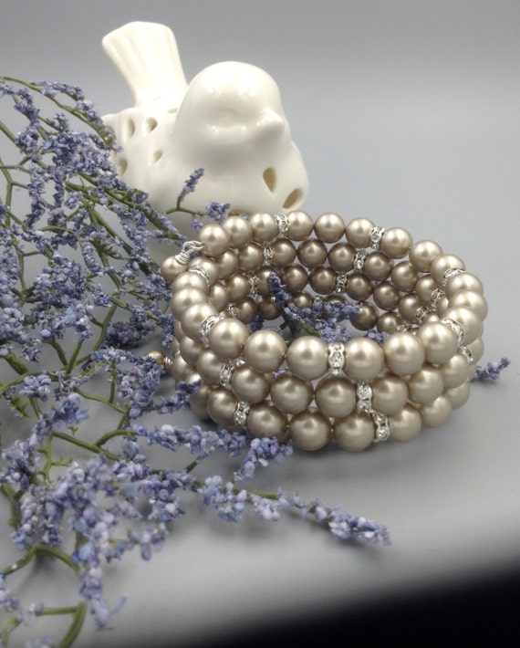 Memory Wire Bracelet, Platinum Swarovski® Pearl Triple Stacked Beaded Bangle, Bridesmaid, Wedding, Jewelry