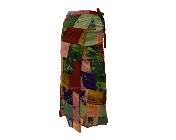 Boho hippie vintage style up-cycled reversible abstract patchwork maxi wrap skirt free size up to size 18 p260