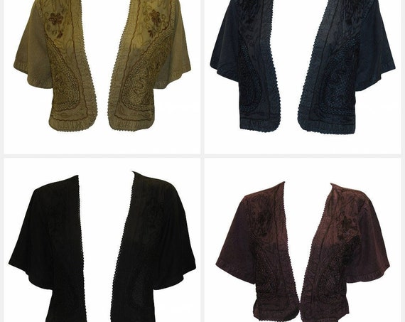 Womens Cropped Shrug Embroidered Retro Short Sleeve Boho Cardigan Free Size Up To 16