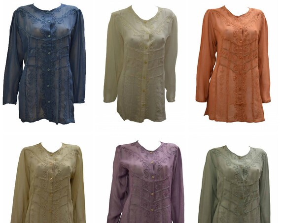 Womens Boho Hippie Sheer Embroidered Vintage style Shirt Blouse Freesize Up To Size 16