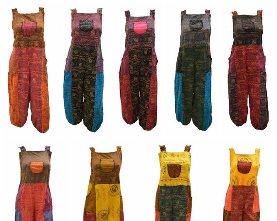 Recycled Funky Om Dungarees 100% Cotton Hippie Festival Patchwork Overalls Free Size Up To 16