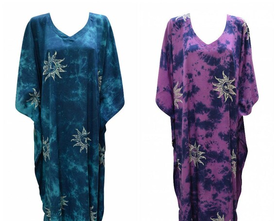 Womens Plus Size Kaftan Handmade Sun Print Maxi Boho Batwing Loungewear Free Size Up To 28