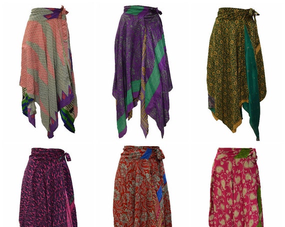 Upcycled Wrap- around Skirt Reversible Vintage Patchwork handkerchief Hem Boho Midi Free Size up to size 18 P186- P191