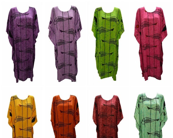 Womens Plus Size Kaftan Handmade Fish Print Maxi Boho Batwing Loungewear Free Size Up To 28