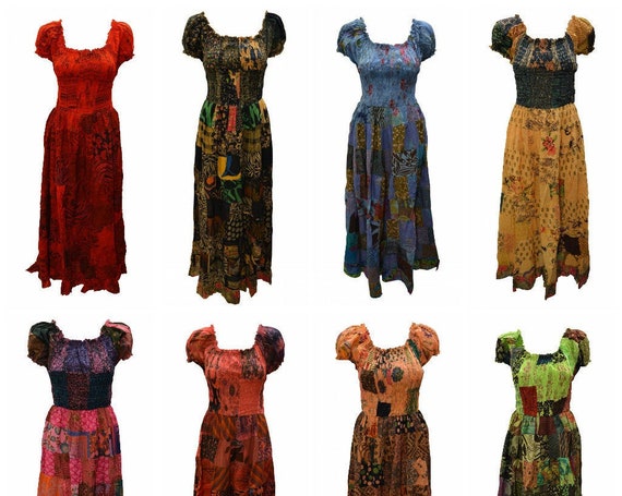 100% Cotton Gypsy Dress Boho Vintage Style Patchwork Elasticated Short Sleeve Maxi Free size up to 16 P9-P16