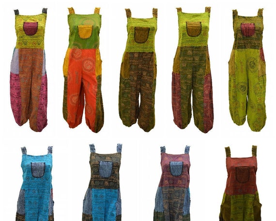 Recycled Funky Om Dungarees 100% Cotton Hippie Festival Patchwork Overalls Free Size Up To 16 P10- P18