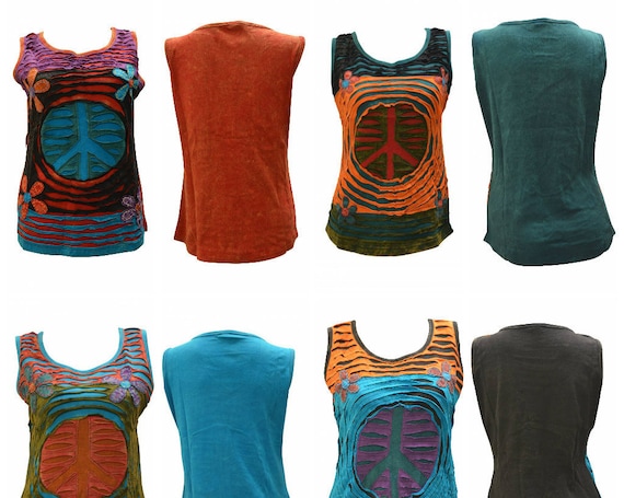 100% Cotton Recycled Tank Top Boho Peace Upcycled Patchwork Hippie Vest Size M, L, XL