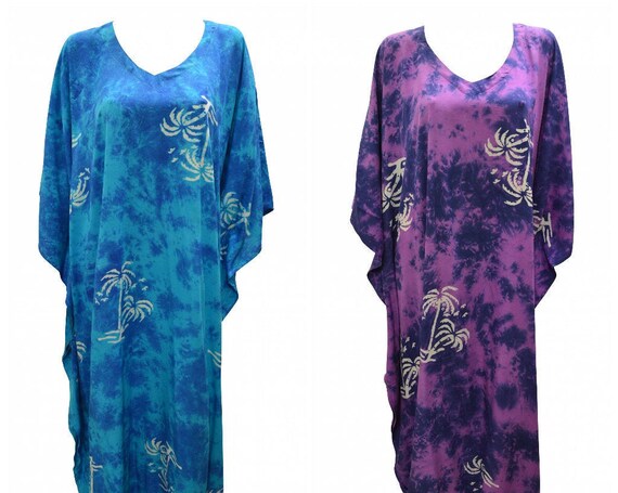 Womens Plus Size Kaftan Handmade Palm Tree Print Maxi Boho Batwing Loungewear Free Size Up To 28