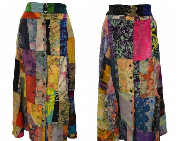 Upcycled Patchwork Skirt A-line Chic Button Up Slit Hem Midi