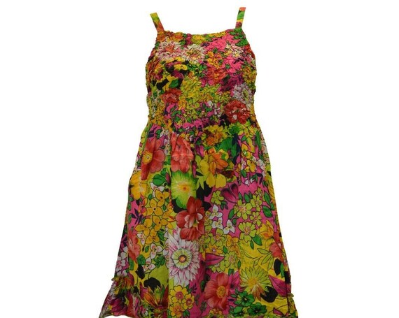 100% Cotton boho hippie vintage style lagenlook elasticated floral short dress p8
