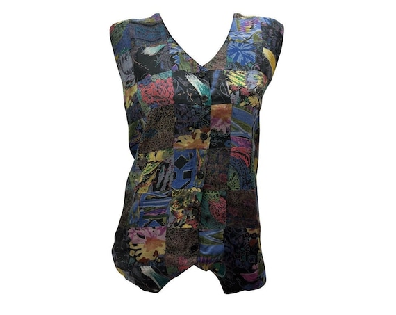Recycled Retro Patchwork Waistcoat Vintage Abstract Print abstract Vest up to size 16