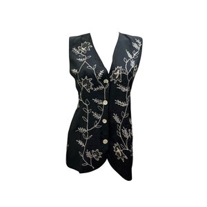 Retro Embroidered Waistcoat Vintage style Pearl Detail Black Button up Vest Free Size Up To 10