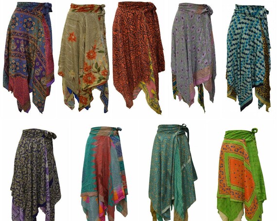 Upcycled Wrap- around Skirt Reversible Vintage Patchwork handkerchief Hem Boho Midi Free Size up to size 18 P192- P200
