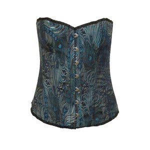 Antique Recycled Peacock Print Over-bust Steel Boned Back Laced Bustier Corset Top P2