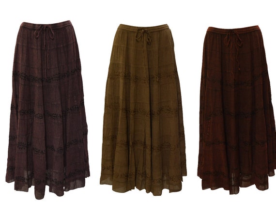 Womens Ladies Boho Floral Tone To Tone Embroidery Tiered Gypsy Skirt Free size Up To 16