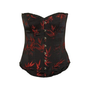 Antique Recycled Abstract Leaf Over-bust Steel Boned Back Laced Bustier Corset Top Black Red P3