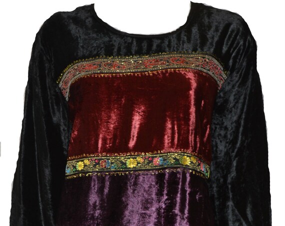 Vintage renaissance inspired colour block embroidered round neck tunic dress top