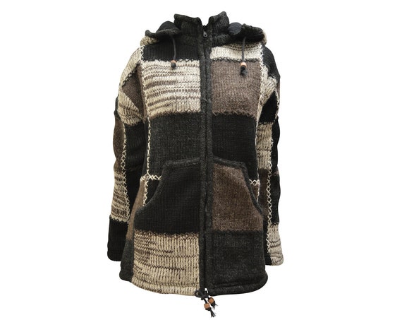 Handmade 100% Wool Jacket Chunky Knit Unisex Patchwork Cardigan Boho Fleece Lining warm Hoodie Black