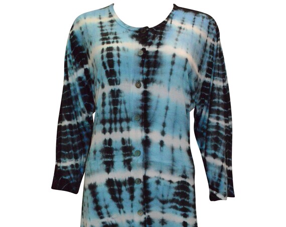 Tie dye boho chic hanky hem button up tunic dress free size onesize up to UK size 16 Blue