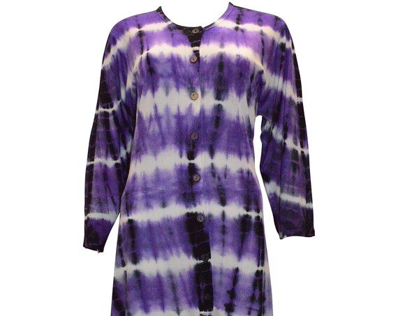 Tie dye boho chic hanky hem button up tunic dress free size onesize up to UK size 16 Purple