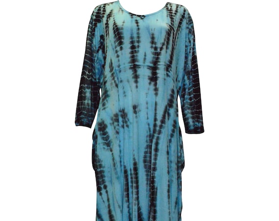 Plus size tie dye boho hanky hem drape tunic dress Blue