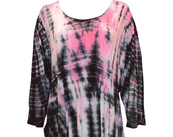 Plus size tie dye boho hanky hem drape tunic dress pink