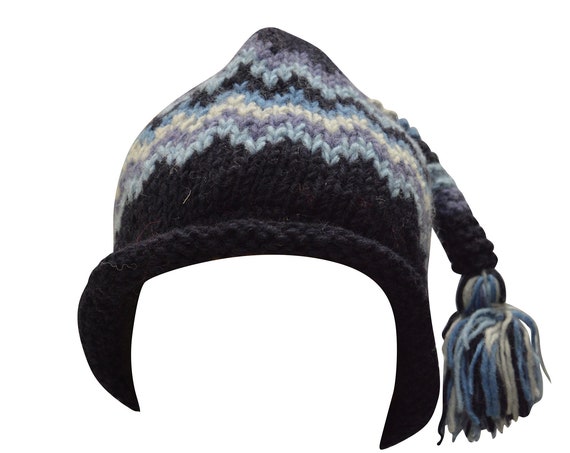 Handmade knit 100% wool unisex adults beanie hat tassel warm fleece lined boho hippie winter cap p2