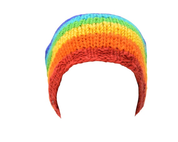 Handmade knit 100% wool unisex adults beanie Rainbow hat warm fleece lined boho hippie winter cap p8