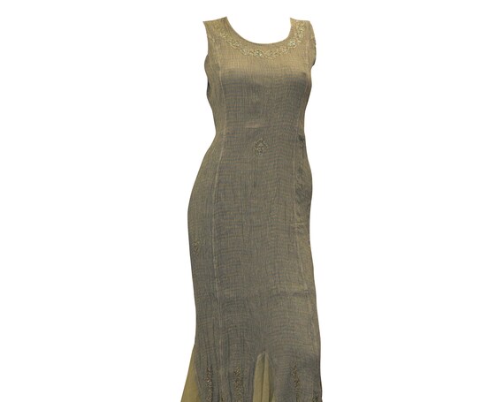 Boho hippie bead embellished elasticated ruffled hem sleeveless dress sizes 8 - 18 M/L Olive Green