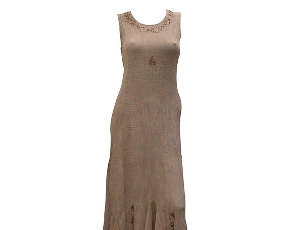 Boho hippie bead embellished elasticated ruffled hem sleeveless dress sizes 8 - 18 S/M M/L Beige