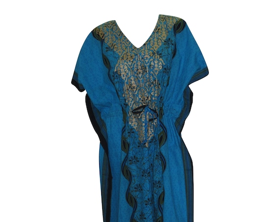 Womens Ladies Hippie Bohemian Kaftan Gold Detail Abstract Print Loungewear Dress Freesize up to 32