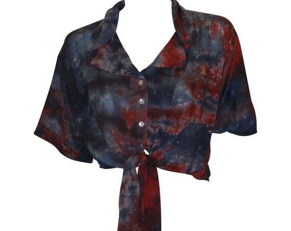 Boho Tie Dye Collared Button Up Top Tie Front Cropped Shirt Size 12,14