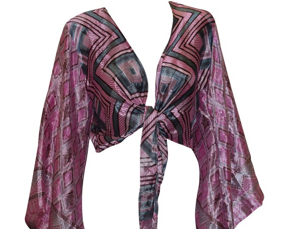 Recycled Retro Crop Top Bell Sleeves Boho Front Knot Wrap Blouse Free Size Up to 16 P7