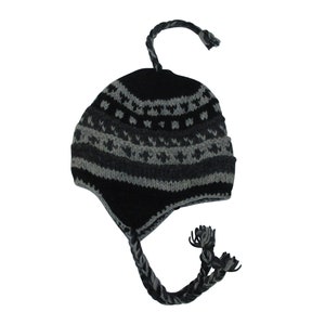 Recycled Hand Knit Hat 100% Wool Unisex Bobble Short Tassel Boho Warm Fleece Lined Winter Cap P145