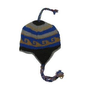 Recycled Hand Knit Hat 100% Wool Unisex Bobble Short Tassel Boho Warm Fleece Lined Winter Cap P151