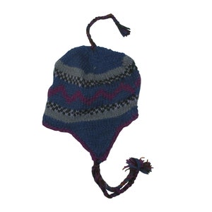 Recycled Hand Knit Hat 100% Wool Unisex Bobble Short Tassel Boho Warm Fleece Lined Winter Cap P165