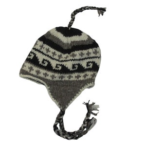 Recycled Hand Knit Hat 100% Wool Unisex Bobble Short Tassel Boho Warm Fleece Lined Winter Cap P177