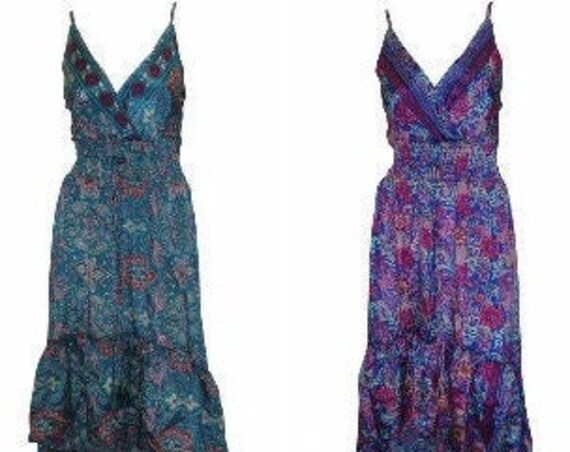 Recycled Hi-Low Maxi Retro Spaghetti Strap Long Ruffle Hem Dress Free Size Up To 18