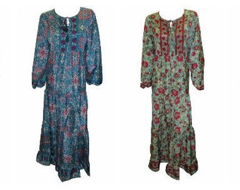 Recycled Smock Dress Retro Long Sleeve Boho Tiered Flowy Maxi Free Size Up To 18