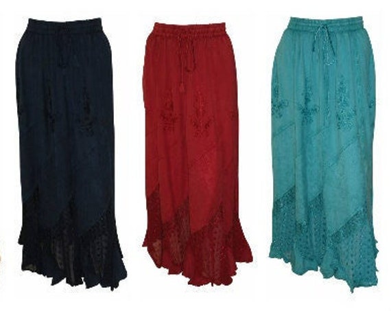 Ladies Boho Skirt Lace Embroidery Detail Ruffle Mesh Hem Free Size 8-20
