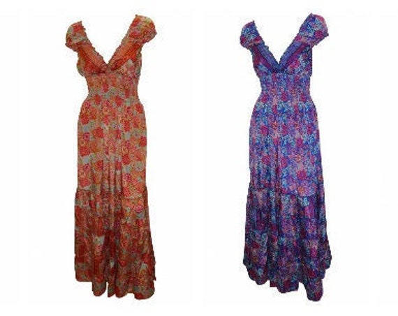 Recycled V Neck Retro Ruffle Hem Maxi Dress Free Size Up To 18