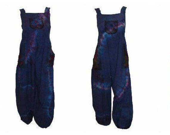 Recycled Funky Tie-dye Dungarees 100% Cotton Hippie Festival Patchwork Overalls Free Size Up To 16