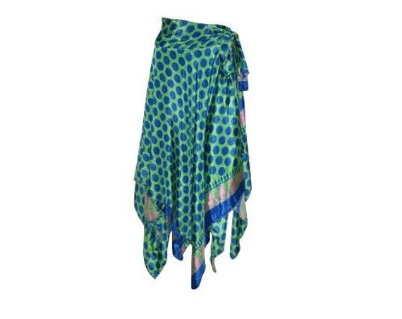 Recycled Wrap- around Skirt Reversible Vintage Patchwork handkerchief Hem Boho Midi Free Size up to 18 P71