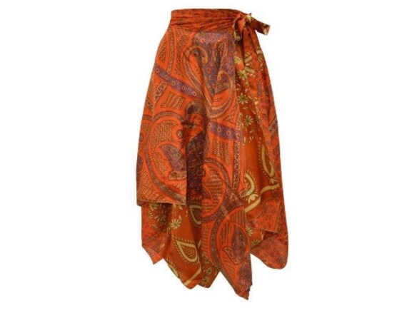 Recycled Wrap- around Skirt Reversible Vintage Patchwork handkerchief Hem Boho Midi Free Size up to 18 P278