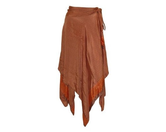 Recycled Wrap- around Skirt Reversible Vintage Patchwork handkerchief Hem Boho Midi Free Size up to 18 P66