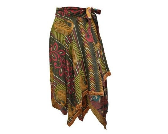 Recycled Wrap- around Skirt Reversible Vintage Patchwork handkerchief Hem Boho Midi Free Size up to 18 P275