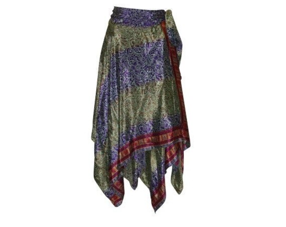 Recycled Wrap- around Skirt Reversible Vintage Patchwork handkerchief Hem Boho Midi Free Size up to 18 P67
