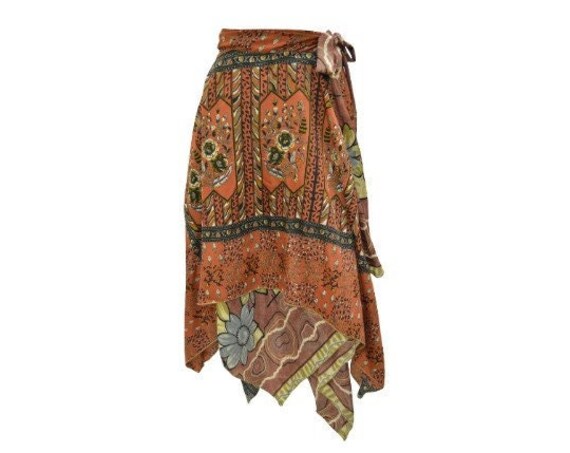Recycled Wrap- around Skirt Reversible Vintage Patchwork handkerchief Hem Boho Midi Free Size up to 18 P349