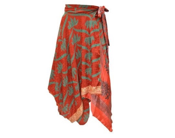 Recycled Wrap- around Skirt Reversible Vintage Patchwork handkerchief Hem Boho Midi Free Size up to 18 P351