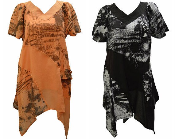 100% Cotton Mesh Dress Handkerchief Abstract Print Bell Sleeve Top Size 18, 22